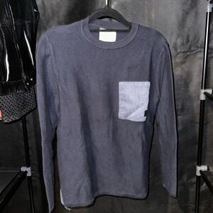 ZARA NAVY BLUE KNITTED SWEATER WITH DEMIN FRON POCKET AND SIDE DETAILS.